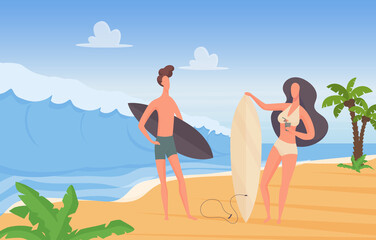Surfer couple people with surfboards on summer sport, travel extreme vacation adventure vector illustration. Cartoon young man woman characters standing together at sunny seaside landscape background