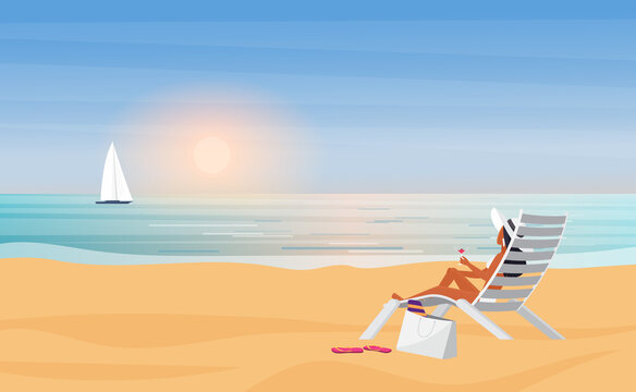 Summer sea beach holidays, travel vacation vector illustration. Cartoon young bikini girl character in hat sunbathing, lady sitting in beach lounge chair with cocktail in hand, back view background