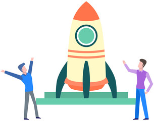People rejoice at launch of rocket. Teamwork and startup concept. Happy businesspeople launching business project startup, business strategy successful. Entrepreneurs create new project with spaceship