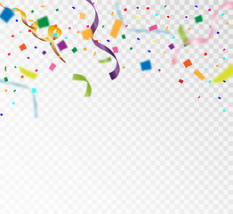 Lots of colorful tiny confetti and ribbons on transparent background. Festive event and party. Multicolor background.Colorful bright confetti isolated on transparent background