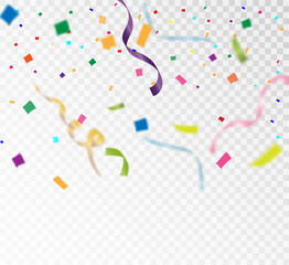 Lots of colorful tiny confetti and ribbons on transparent background. Festive event and party. Multicolor background.Colorful bright confetti isolated on transparent background