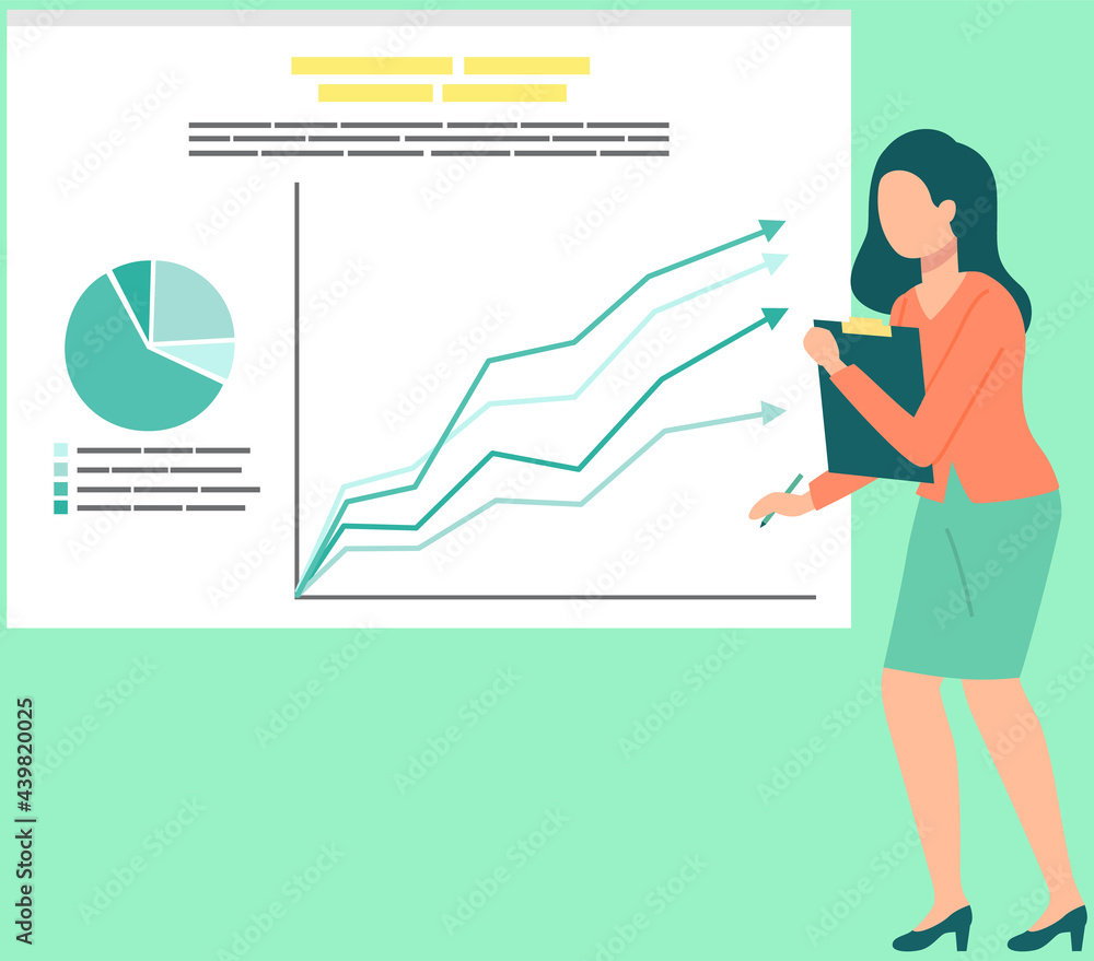 Poster business woman analysing sales statistics graphs on presentation screen. brainstorming statistical d