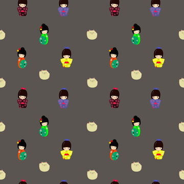 Set of cute Japanese Kokeshi Dolls. Seamless pattern with cute kawaii kokeshi dolls.