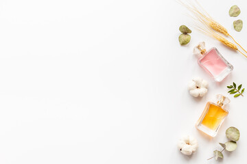 Perfume bottles flat lay. Perfumery cosmetics fragrance set