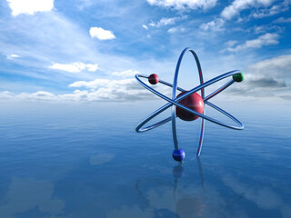 Sinking Atom in a gentle ocean with clouds in a deep blue sky