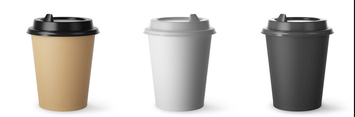 Disposable coffee cups made of craft, white and black paper for hot drinks with black and white lid on a white background. 3d render.