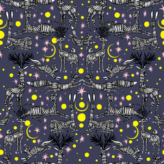 Dreamy starry night with wild magic forest animals dancing, seamless pattern in minimalism aesthetic background.