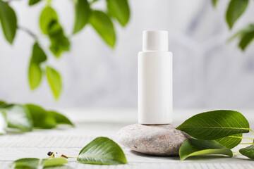 Obraz na płótnie Canvas A white tube of cosmetics on a stone among the leaves. The concept of natural plant cosmetics. Mockup.