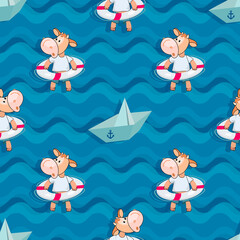 Paper boat, calf. Sea background. Summer rest. Funny calf with a lifebuoy on wave. Cartoon style. Seamless pattern with cute character, symbol of 2021. Design for baby textiles. Vector illustration. 