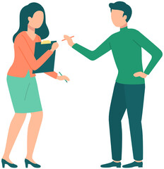 Fototapeta premium Arguing people vector illustration. Man and woman disputing about something isolated on white background. Couple discussing topic. Businesswoman with clipboard is proving her position to guy