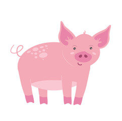 Obraz na płótnie Canvas Cute little pink cartoon pig isolated on white transparent background. Vector flat design children illustration. Side view. Farm domestic animal drawing.