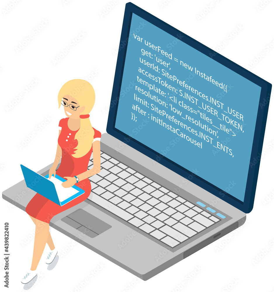 Aufkleber young woman sitting on computer and working with laptop in social networks. girl searching for educa