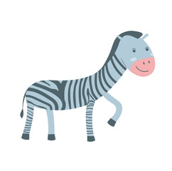 Cute zebra isolated on white transparent background. Vector flat design children illustration. Side view. Farm domestic animal drawing.