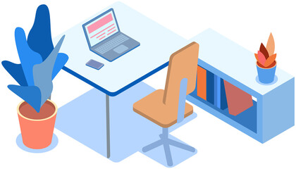 Workplace organization vector illustration. Table with chair and laptop. Furniture planning and design of place. Workplace of office employee with computer. Electronic device on desk in office