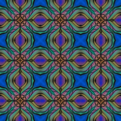 Seamless abstract geometric floral surface pattern in vivid colors repeating symmetrically. Use for fashion design, home decoration, wallpapers and gift packages.