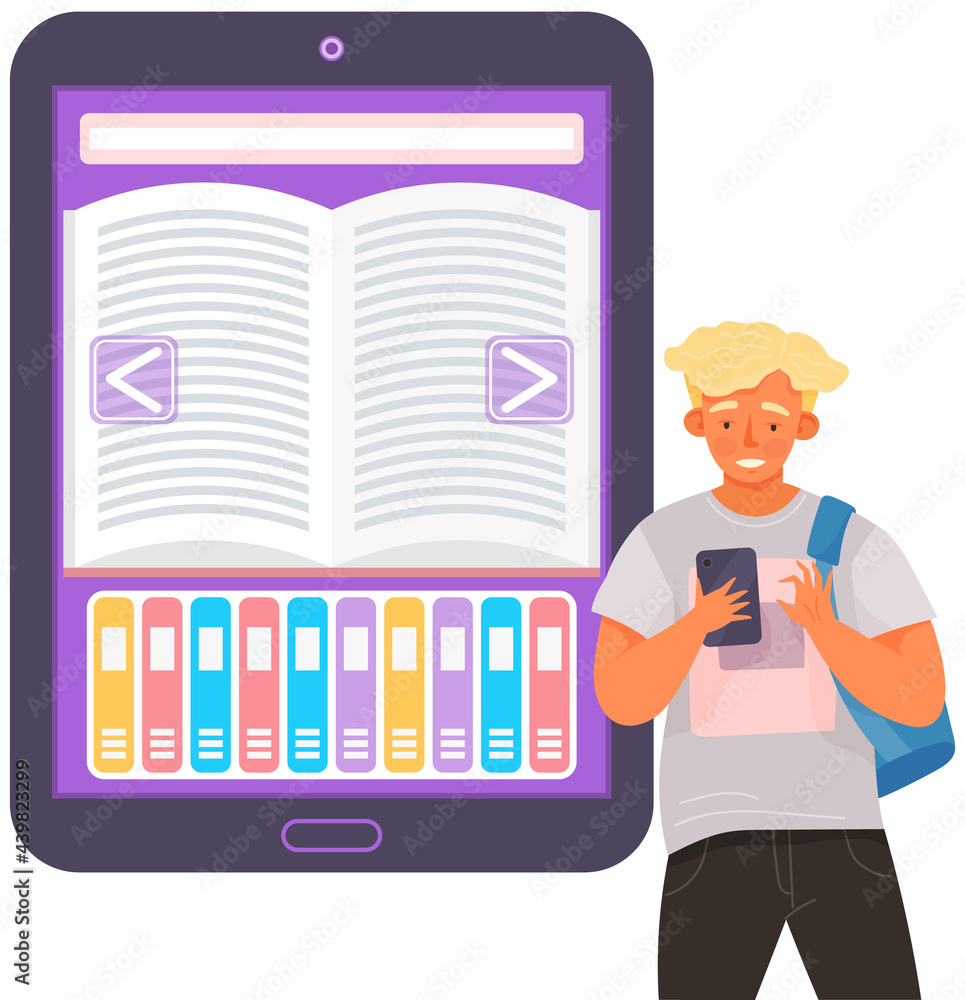 Poster schoolboy with smartphone is communicating. male character using mobile device. young boy is using o