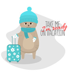 Grumpy cat wants to go on vacation. Cat dressed in a hat, scarf, mittens with a suitcase packed. The grumpy cat is tired. Flat illustration isolated on white background.