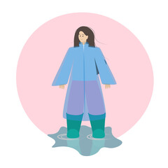 Young girl dressed for a walk in the rain. A woman in a raincoat and rubber boots. Abstract illustration in flat style isolated on white background.