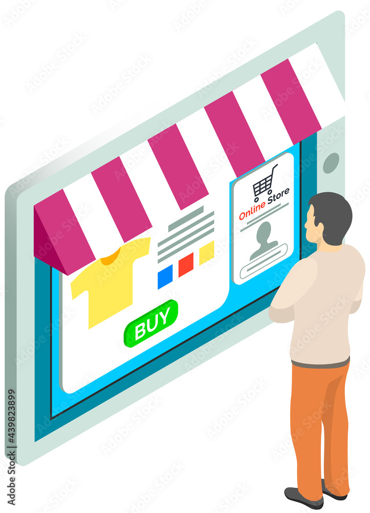 Poster shopping with special store application. man is using tablet with app for buying and ordering. male 