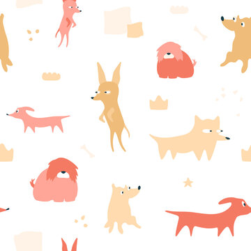 Funny dogs. Cute domestic animals, seamless pattern. Illustration with pets chihuahua, comondor, dachshund. Pop art characters, crown, star, texture. Pink and yellow pastel colors