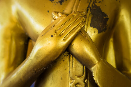 Hand Statue Of Buddha Image Inside Temple In Thailand.