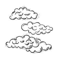 Clouds sketch black dots in vintage style on white background. Vector illustration. Graphic color hand drawn template.