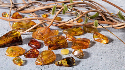 Lots of Baltic amber stones on a gray background. Material for jewelers. Alternative medicine.