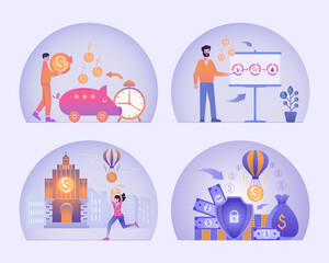 Fototapeta na wymiar Business icons set. The process from idea to successful project implementation. Banking and financial transactions. Profitable investment of money, protection of confidentiality. Vector illustration..