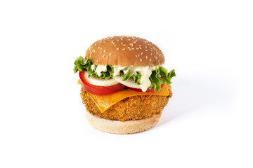 Crispy chicken burger with cheese on white background