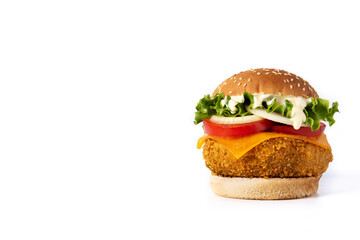 Crispy chicken burger with cheese on white background. Copy space