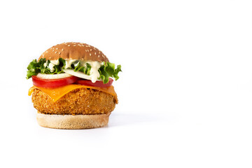 Crispy chicken burger with cheese on white background. Copy space