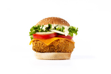 Crispy chicken burger with cheese on white background
