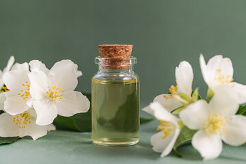 Fototapeta na wymiar Flower Water. Jasmine Oil, essence, jasmine flowers on green background. Herbal Medicine or Cosmetics