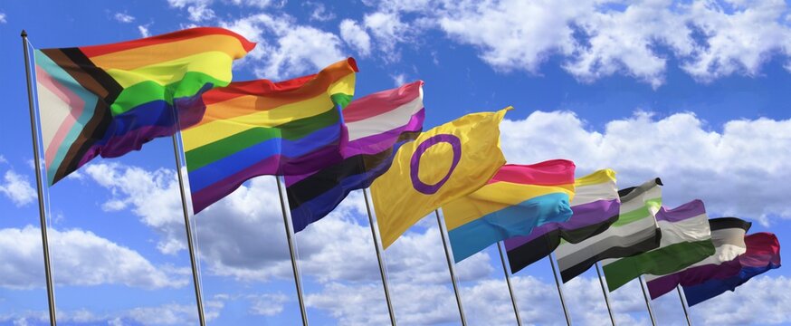 Several LGBT flags with the sky in the background. 
