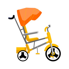 Children's yellow bicycle with a dome visor. Bicycle, tricycle icon. Vector flat isolated object on a white background.