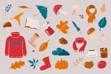 Set of vector hand-drawn autumn elements in warm colors. A collection of isolated seasonal icons: scarf, leaves, mushrooms, berries, jam, sock, boot, umbrella, tea, acorn, nut.