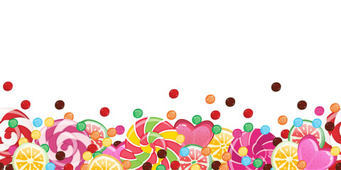 Lollipop and candy horizontal seamless border pattern. Vector illustration of bright footer with sweets.