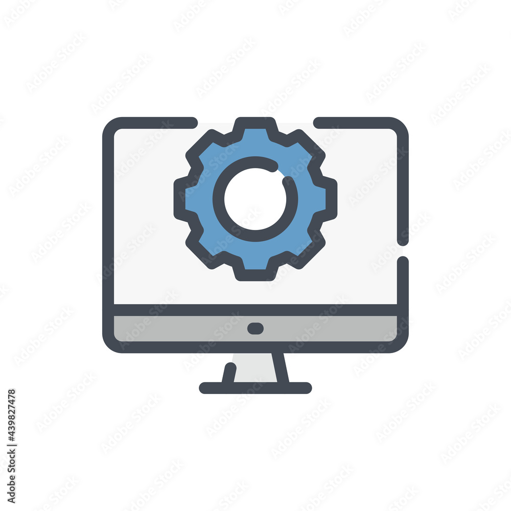 Poster settings and maintenance color line icon. computer with gear on monitor vector outline colorful sign