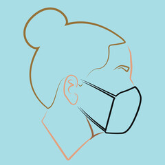 Portrait. Silhouette of a female head. Woman. Flat illustration of a face. Head icon. Female face avatar. Linear head. Linear silhouette of a girl in mask.