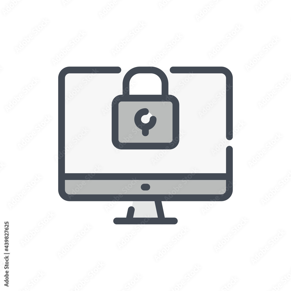 Poster internet security and protection color line icon. computer with lock vector outline colorful sign.