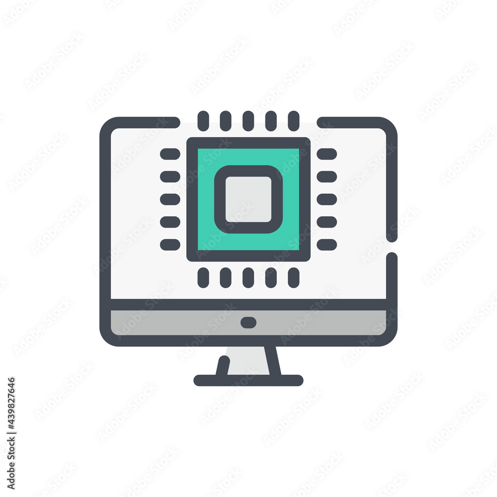 Poster digital microchip color line icon. computer with chip vector outline colorful sign.