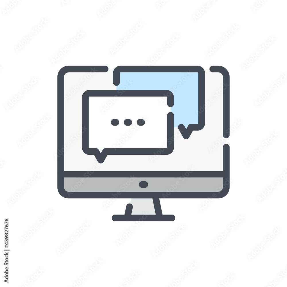 Poster online communication color line icon. computer with message boxes vector outline colorful sign.