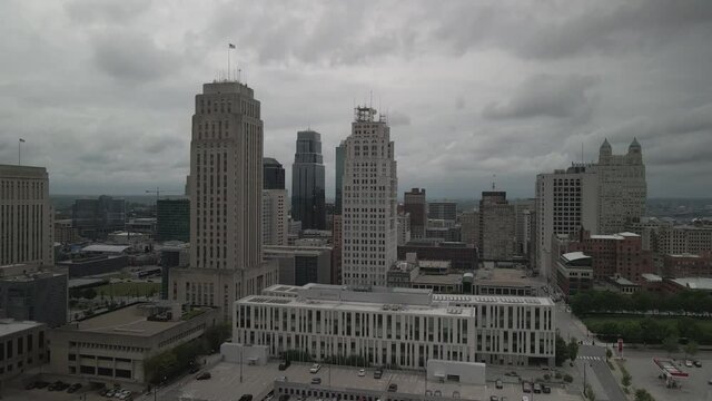 Aerial birds eye panoramic view of a business centre of Kansas city in a gloomy weather. High quality 4k footage