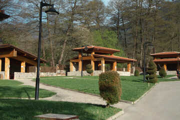 Wooden gazebos, Dining and barbecue in the park in nature