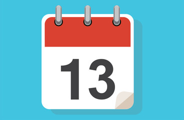 Day Thirteen. Simple calendar with date 13. Flat calendar icon vector illustration. calendar icon flat day 13. Vector illustration. Calendar lined icon