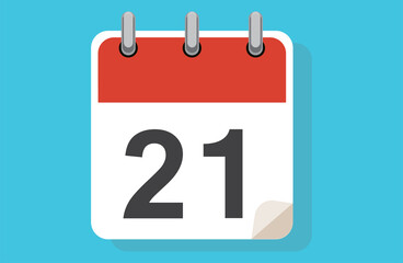 Day twenty-one. Simple calendar with date 21. Flat calendar icon vector illustration. calendar icon flat day 21. Vector illustration. Calendar lined icon