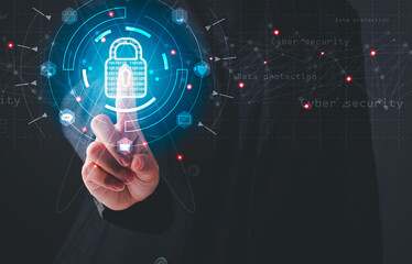 Data protection privacy and data protection concept. Businessman touch lock icon protecting data personal information. Information privacy internet technology.