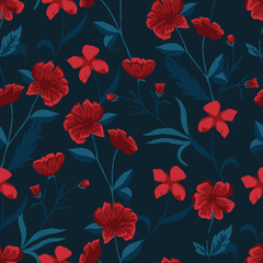 Moody Dark Red and Blue Flower Bush Vector Seamless Pattern