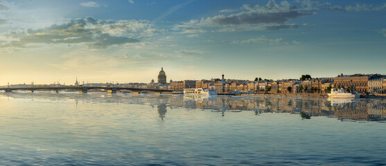 Large-format panorama of St. Petersburg against the background of the Neva River at dawn