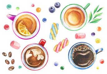 Set of watercolor hot drinks on an isolated background. Tea with lemon. Cappuccino coffee, espresso with a pattern. Sweet candy, sugar. Marshmallow, blueberries. Coffee beans, tea leaves.